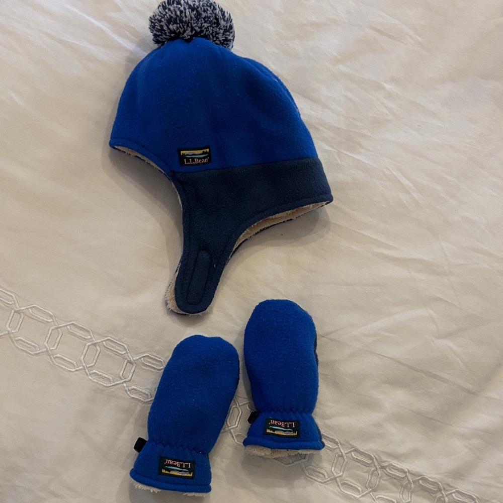 L.L. Bean Kids Blue Fleece Hat and Mittens